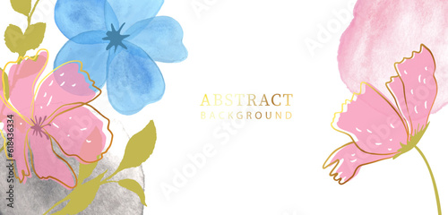 Abstract background with watercolor brushstrokes and flowers.Watercolor Illustration for prints, wall art, cover and invitation cards.
