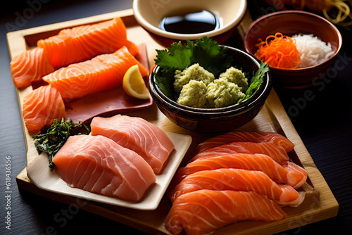 Close-up top view of ingredients Sashimi SET, Salmon, Tuna, Japanese food. AI Generated.