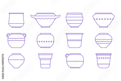 Set ceramic pots in minimalist linear style. Vector illustration with  bowl of various shapes. Vase with decorative elements. Editable stroke. Perfect home decor designs