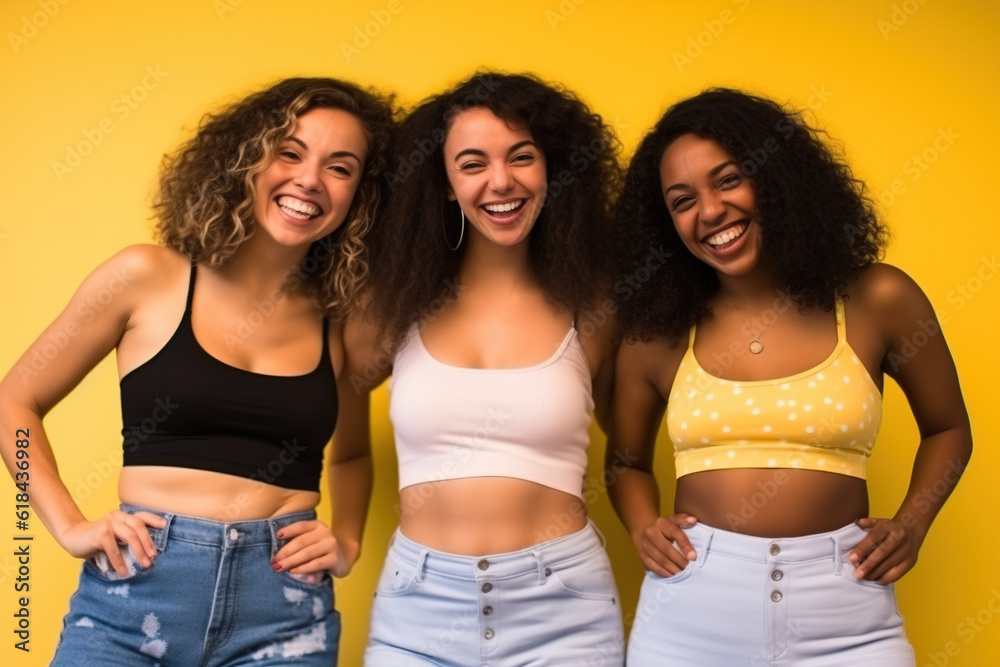 Group of smiling multiracial women in underwear. Generative AI Group of smiling multiracial women in underwear. Generative AI