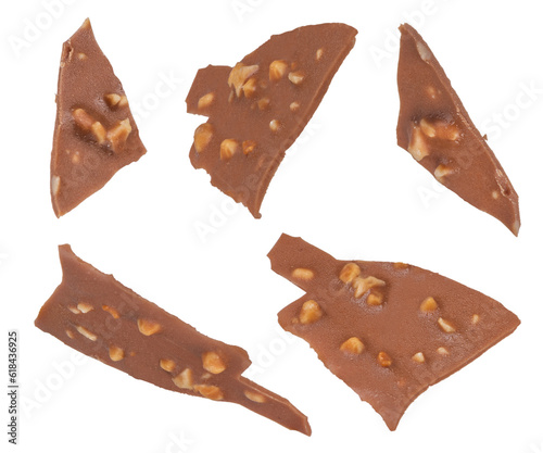 Chocolate pieces of ice cream in glaze with nuts. Pieces of chocolate on a white isolated background. Suitable for pasting into a design or project.