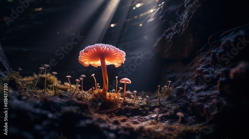 Glowing mushroom in the cave. Generative AI