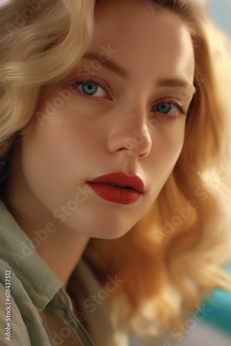 Generated illustration of a youthful woman with vibrant blonde hair and striking blue eyes