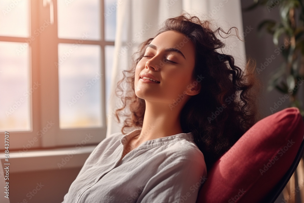 Young relaxed smiling pretty woman relaxing sitting on chair at home. Generative AI