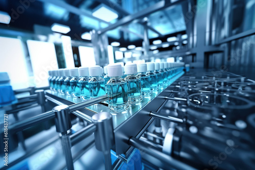 Pharmaceutical manufacture background with glass bottles with clear liquid on automatic conveyor line. Generative AI