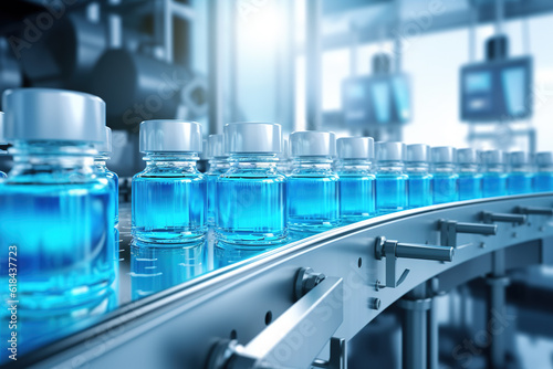 Pharmaceutical manufacture background with glass bottles with clear liquid on automatic conveyor line. Generative AI