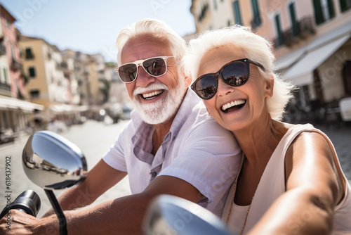 Retired couple on scooter in Italy, Europe, happy seniors on holidays. Generative AI