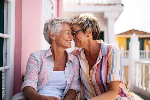 Senior gay lesbian couple kissing outside - LGBTQ aged tourists having tender moment during summer vacation. Generative AI