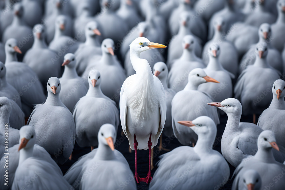 Obraz premium Standing out from the crowd , white bird standing between man gray birds. Generative AI