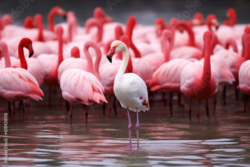 Standing out from the crowd , pink flamingo standing between man white birds. Generative AI