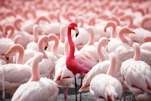 Billede på lærred Standing out from the crowd , pink flamingo standing between man white birds