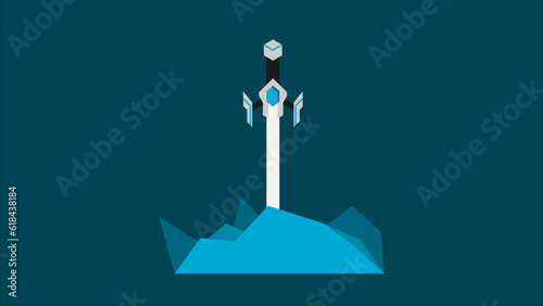 Futuristic Excalibur Sword Stucked On Rock, Flat Futuristic Illustration