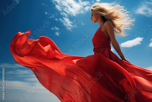 Woman Red Flying Dress. A blonde in a red dress against the sky.. Generative AI