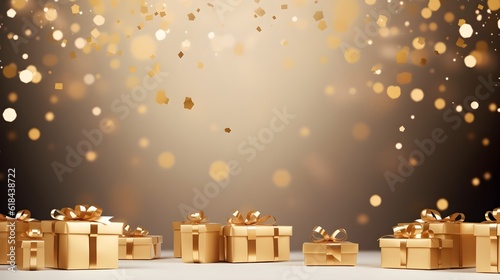 presents with golden confetti. Abstract luxury background. Copy space. Generative AI.