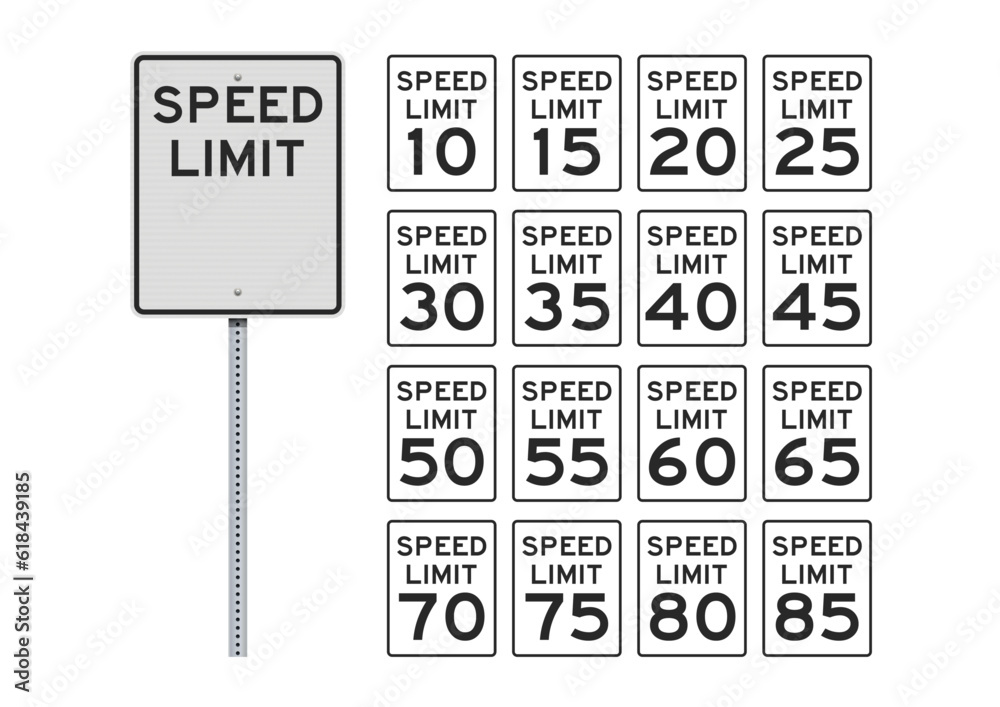 Vector illustration of the American Speed Limit road signs on metallic post (easily editable numbers)