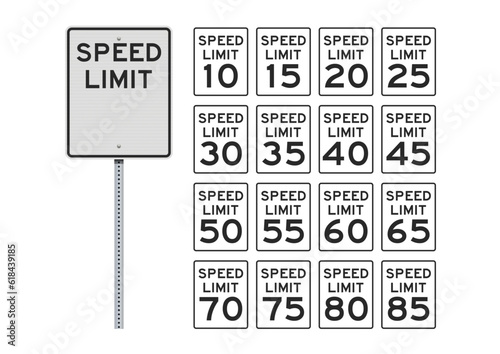 Vector illustration of the American Speed Limit road signs on metallic post (easily editable numbers)