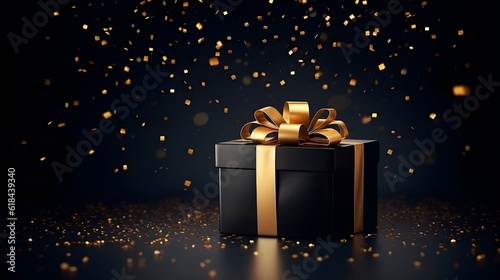 present gift box with golden confetti. Abstract luxury dark background. Copy space. Generative AI. © Premium_art