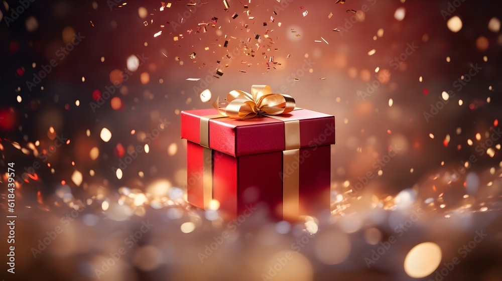 red gift box with golden confetti. Abstract luxury red background. Generative AI. red gift box with golden confetti. Abstract luxury red background. Generative AI.