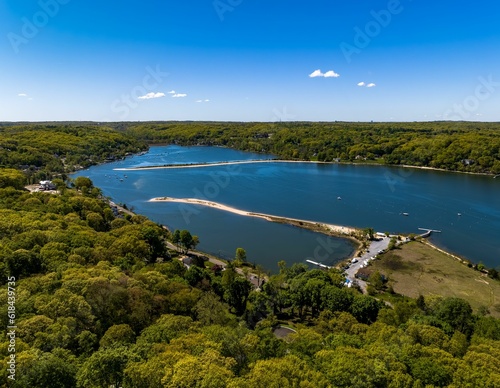 фотографія Aerial view over a large sandbar in the green waters of Oyster Bay in Lloyd Harb