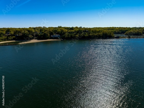 Canvas Print Aerial view over the calm waters in Oyster Bay near Lloyd Harbor, New York on a