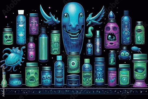 illustration of various alien bottles and cosmetic containers, generative ai photo