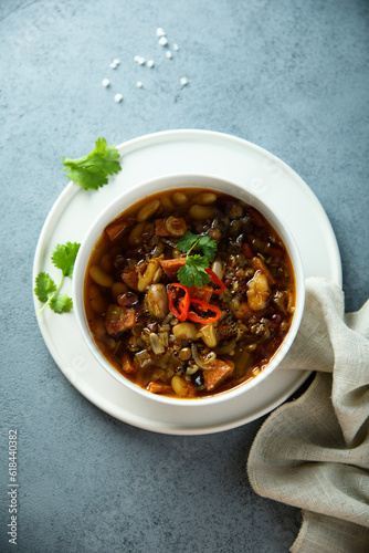 Healthy eggplant ragout with chili pepper and cilantro