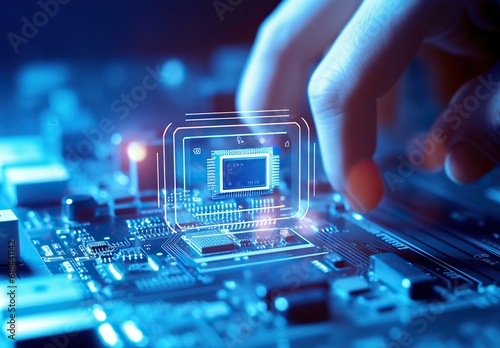 Engineer repairman computer unloads CPU microprocessor to motherboard socket. Concept of computer technology and hardware maintenance or repair