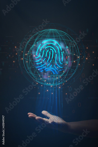cybersecurity concept Business man shows how to protect cyber technology network from attack by hackers on the internet. Secure access to privacy through smartphones Meta protection.	
