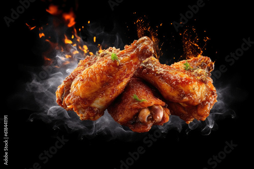 Fried chicken wings hot and spicy falling with fire and smoke on black background. Generative AI