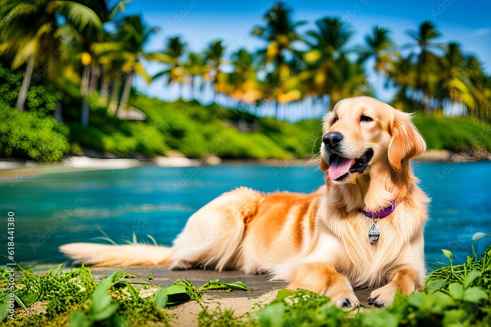 Labrador retriever dog lying down on beach bed on a tropical summer beach. Labrador retriever dog lying down on beach bed on a tropical summer beach.