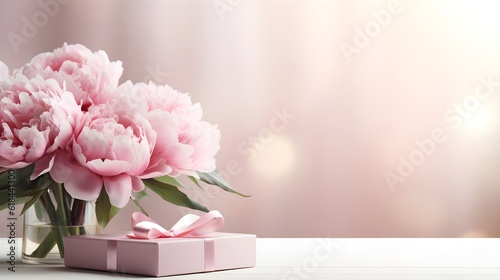gift box pink background with flowers. Generative AI.