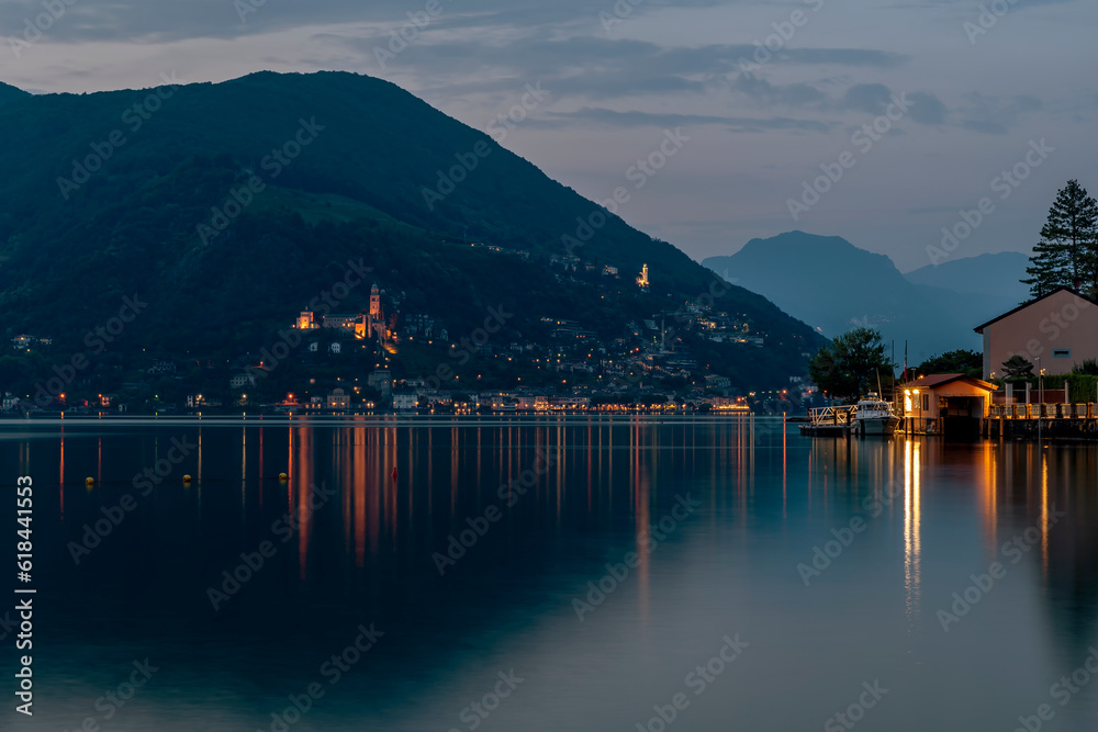 Lake Lugano at dusk, between Porto Ceresio, Italy and Morcote, Switzerland