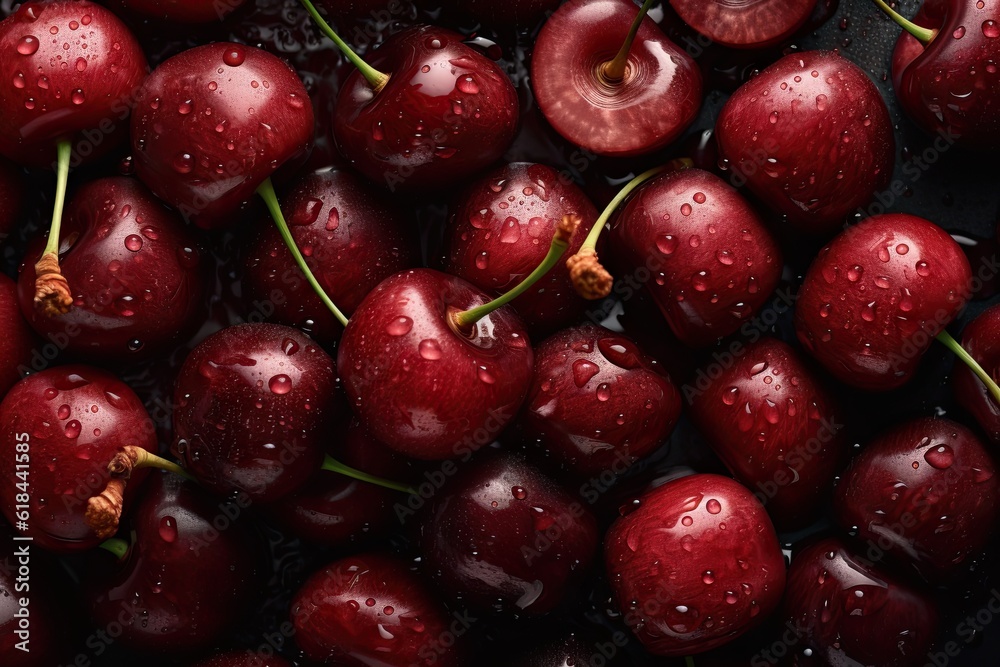 Fresh Ripe Red Cherry with Water Drops Close Up on Organic Background. Healthy Fruit Agriculture and Refreshing Water Drop Focus Fresh Ripe Red Cherry with Water Drops Close Up on Organic Background. Healthy Fruit Agriculture and Refreshing Water Drop Focus