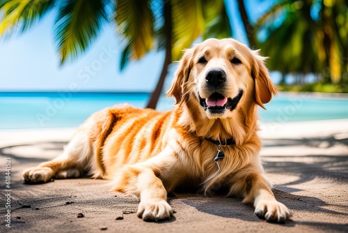 Golden Retriever dog is on summer vacation at seaside resort and rests relaxing