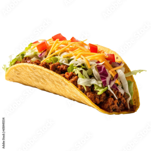 A delicious taco filled with meat and vegetables, fast food, white background, isolated, generative ai