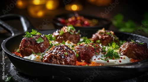 AI generated illustration of a plate of kofta meatballs, cooked to a golden brown