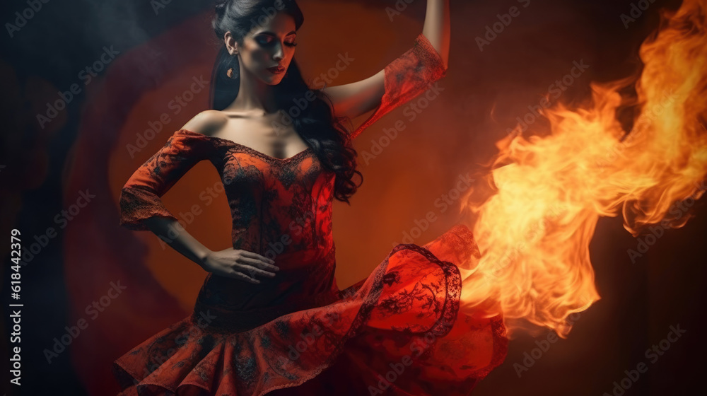Fototapeta premium Flamenco Dance Fiery Passion. A stunning Spanish woman gracefully dances flamenco, with burning flames in the background. Expression of passion and artistry concept. AI Generative