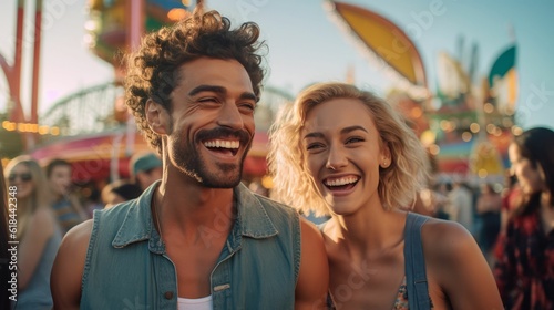 Young adult couple beaming with joy and in a carnival - AI generated