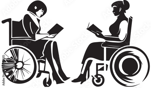 Vector of two female friends in wheelchairs reading books against a white background