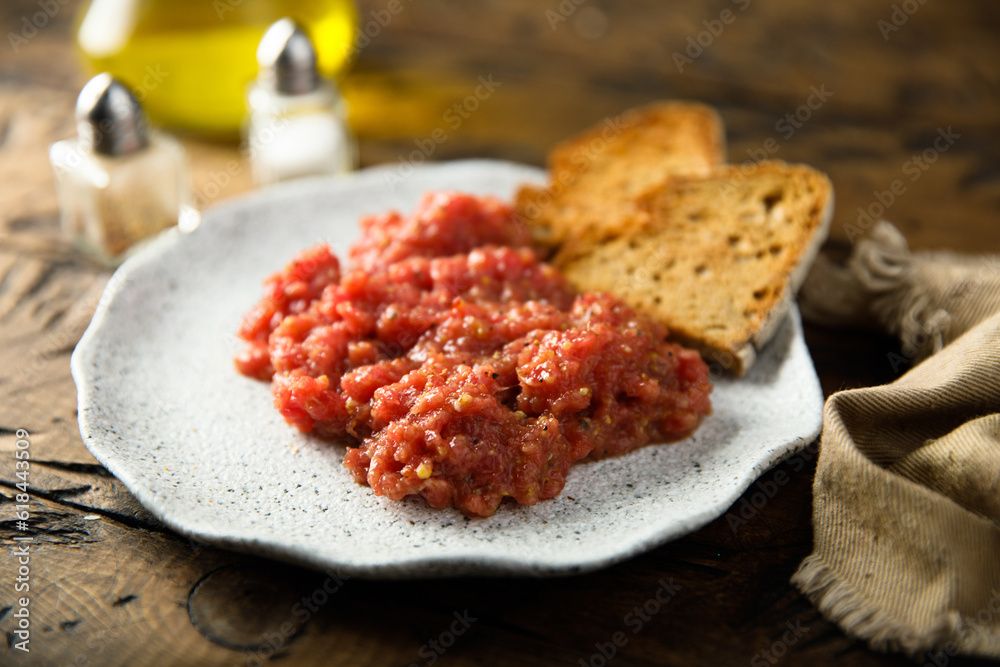 Traditional homemade steak tartare Traditional homemade steak tartare