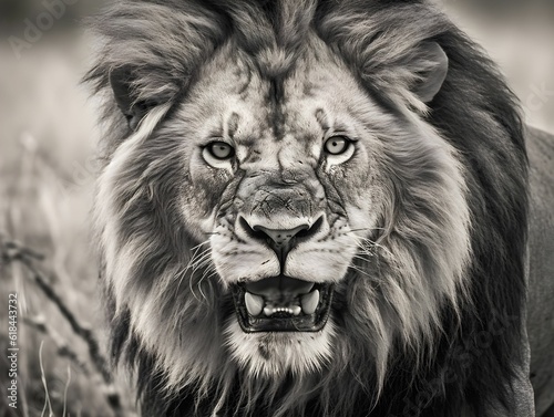 AI generated illustration of a majestic male lion, with its mouth open wide, in grayscale