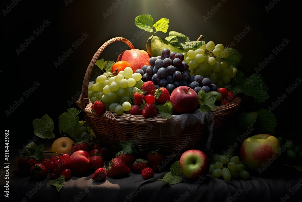 AI generated illustration of a wooden table with colorful fruit in a woven basket