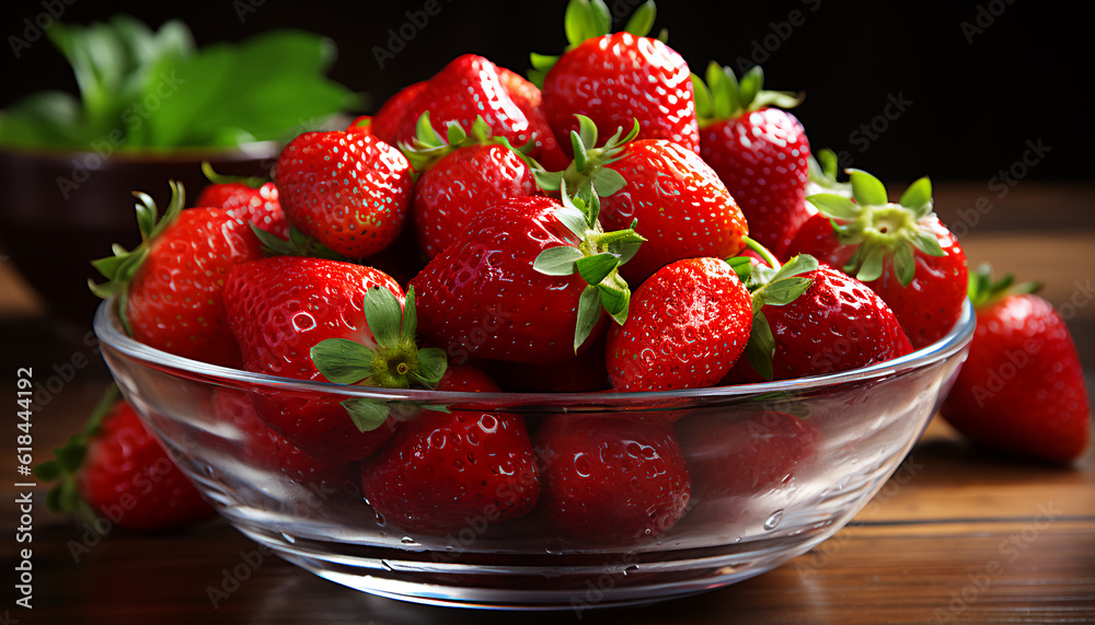 juicy strawberries in a glass bowl isolated on a table in a wooden room juicy strawberries in a glass bowl isolated on a table in a wooden room