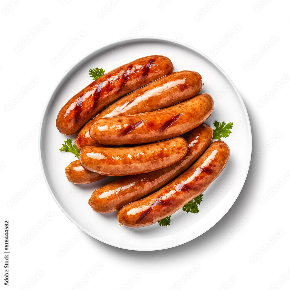 Grilled sausages isolated on white background. Generative AI Grilled sausages isolated on white background. Generative AI