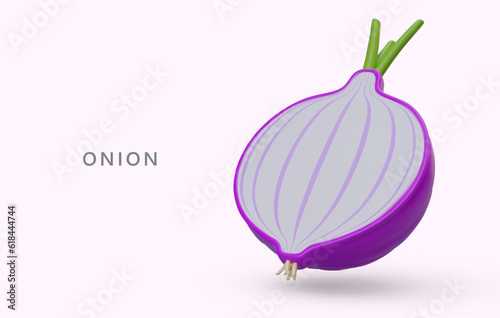 Realistic halved purple onion. Ripe vegetable, ready to eat. Unpeeled bulb with roots and sprouts. Vegetarian product. Concept for culinary applications, recipe books