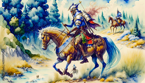 Rider on horseback with a saber. Cavalry. Watercolor. Generative AI.