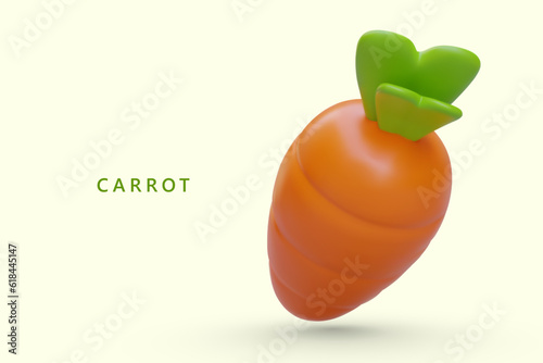 Cute 3D carrot in plasticine style. Orange root vegetable for dietary dishes. Bright natural product. Vector horizontal poster on yellow background. Place for text