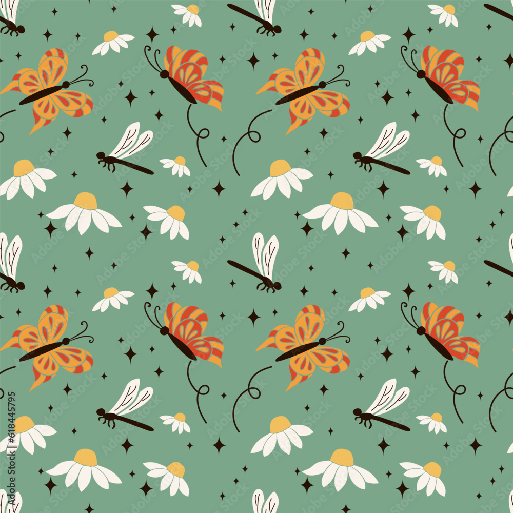 Minimalistic floral seamless pattern in retro style. Flat chamomiles or daisies with butterflies and dragonflies on green background. Perfect for decoration, background, kids textile, wrapping paper Minimalistic floral seamless pattern in retro style. Flat chamomiles or daisies with butterflies and dragonflies on green background. Perfect for decoration, background, kids textile, wrapping paper