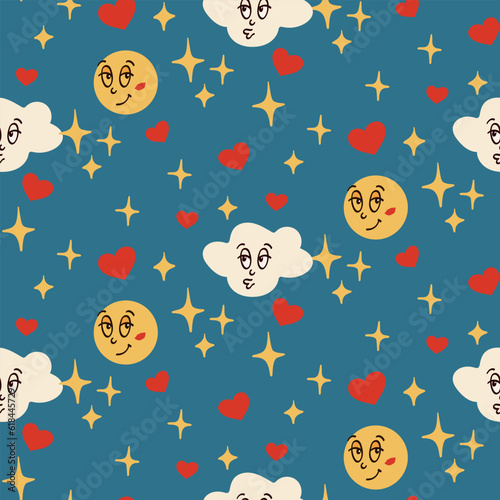 Retro cartoon seamless pattern for kids. Flat vintage elements moon and cluods with hearts and stars on blue background. Perfect for decoration, background, kids textile, wrapping paper