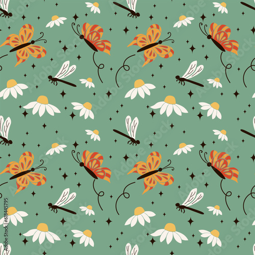 Minimalistic floral seamless pattern in retro style. Flat chamomiles or daisies with butterflies and dragonflies on green background. Perfect for decoration, background, kids textile, wrapping paper